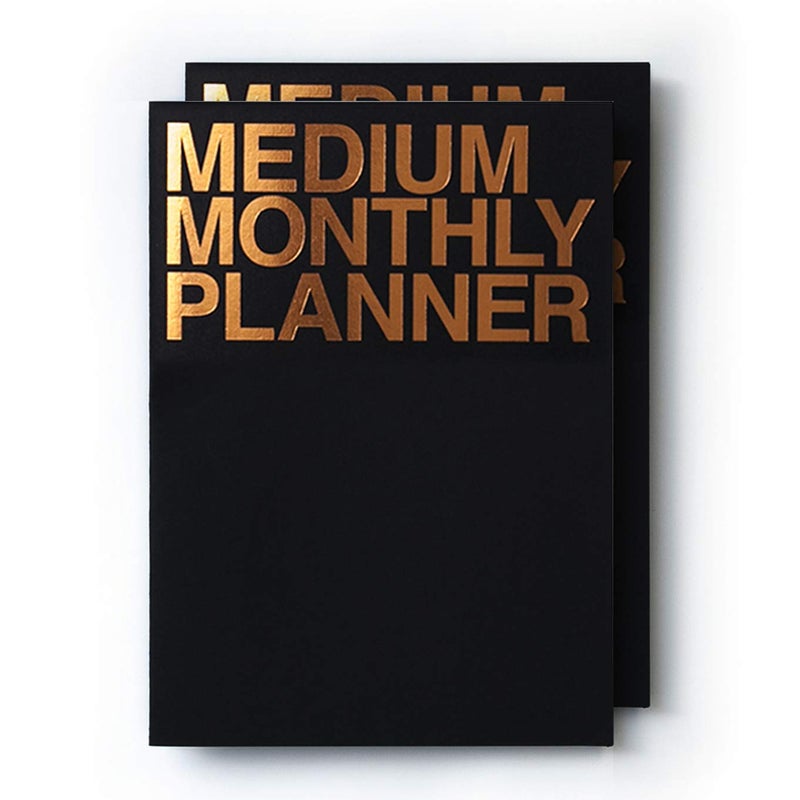 JSTORY Medium Monthly Planner Lays Flat Undated Year Round Flexible Cover 14 Sheets x 2 Black Gold - Image 1